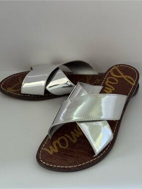 Sam Edelman Metallic Silver Crisscross Slide Flat Sandals - Women Size 10